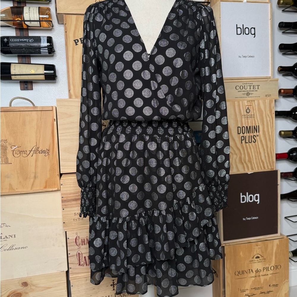 Michael Kors Black Dress with Silver Polka Dots, Long Sleeve